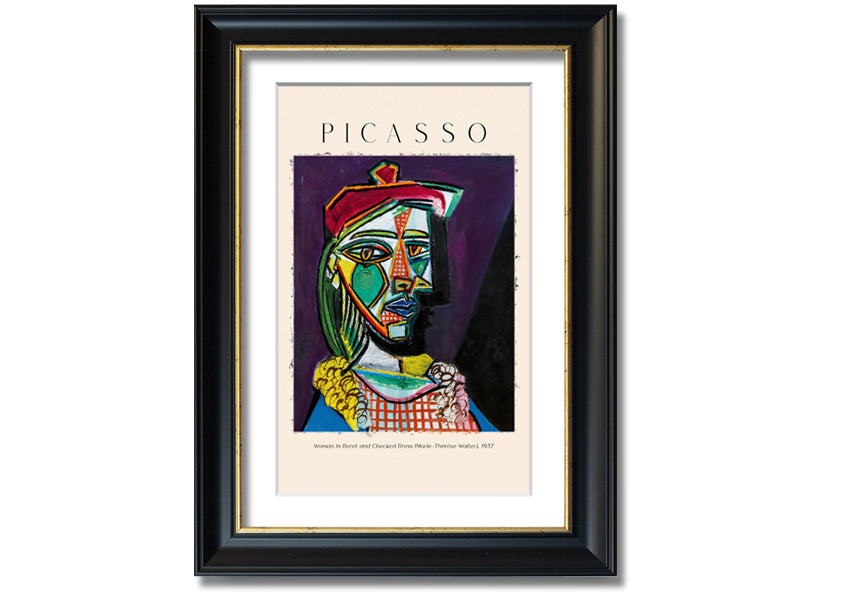 A vibrant reproduction of Picasso's 'Woman In Beret And Checked Dress 1937' printed on canvas, framed and ready to hang.